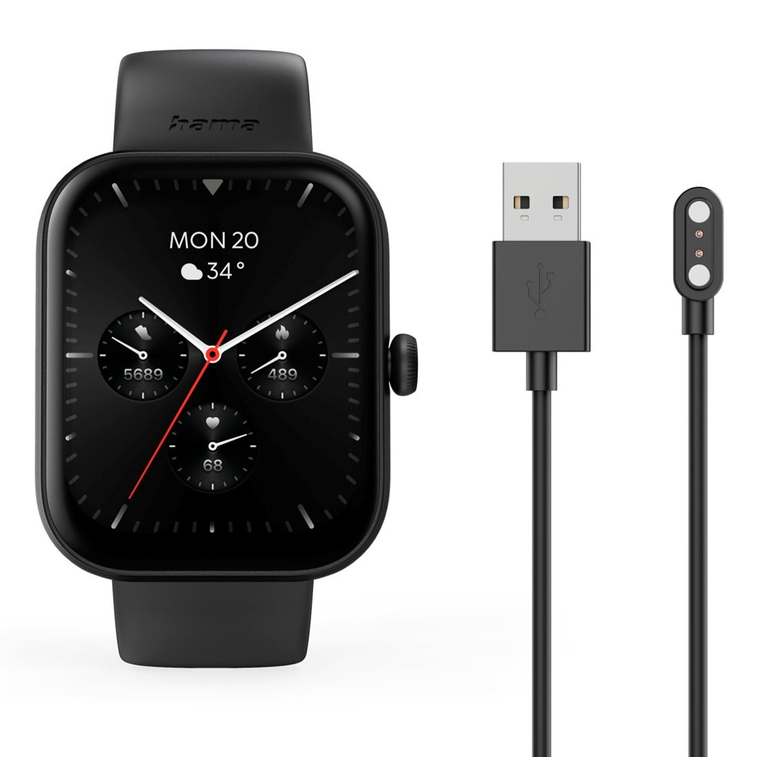 Czarny smartwatch z czarnym paskiem. Pokazuje datę, godzinę i różne wskaźniki zdrowia.