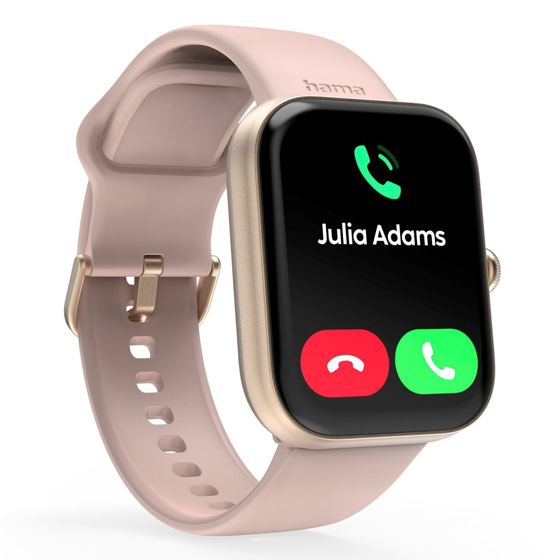 Smartwatch z różowym paskiem, złotą ramką i ekranem wyświetlającym połączenie przychodzące od Julii Adams.