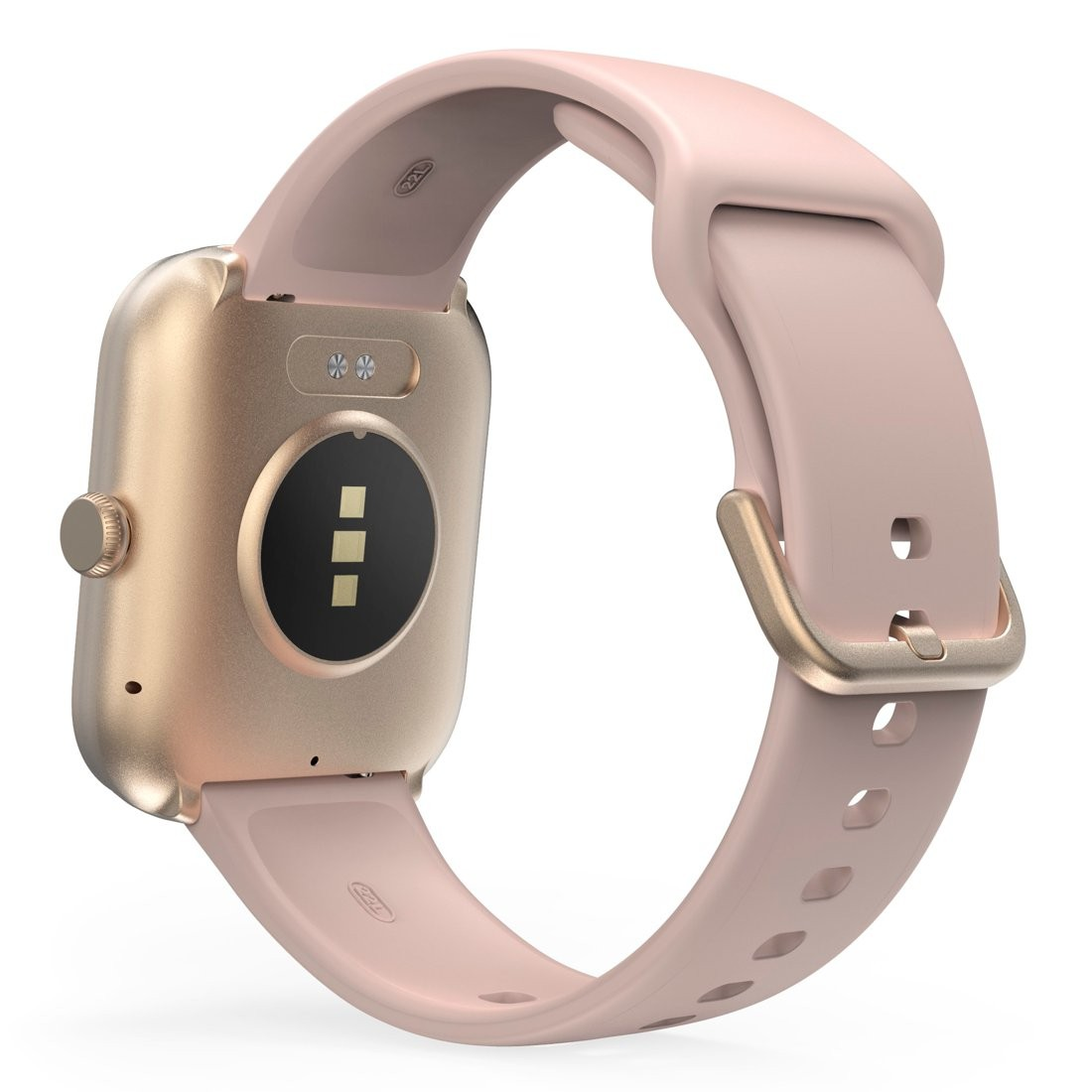 Smartwatch z różowym paskiem i złotą kopertą, widziany od tyłu.