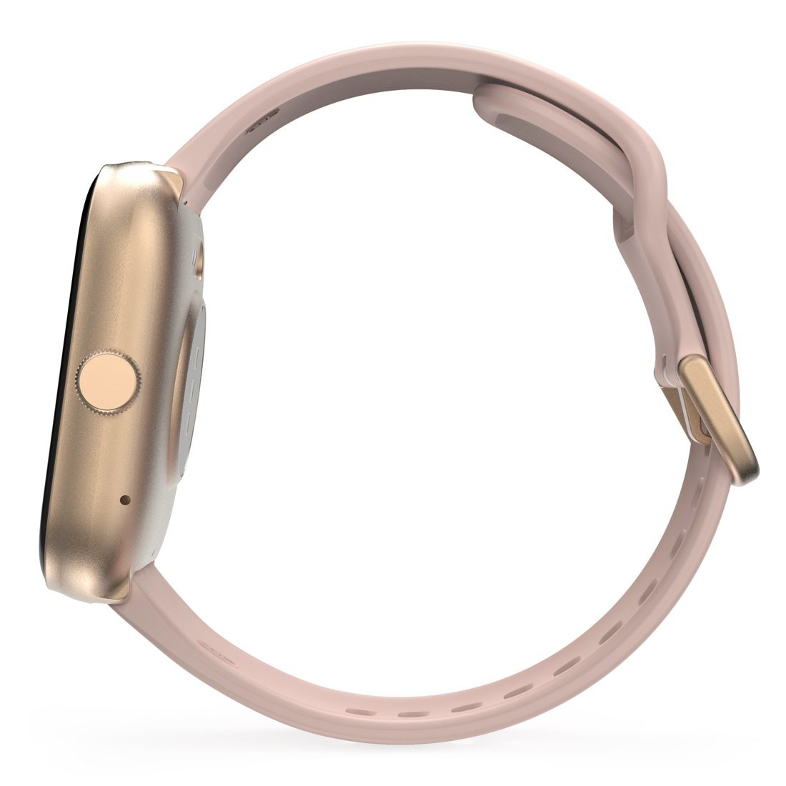 Widok z boku złotego smartwatcha z różowym paskiem i przyciskiem.