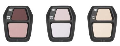 Trzy filtry do obiektywu aparatu: brązowy, różowy i beżowy, z tekstem.