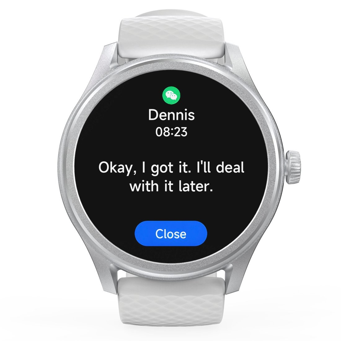 Srebrny smartwatch wyświetlający wiadomość od Dennisa: 'Ok, rozumiem. Zajmę się tym później'.