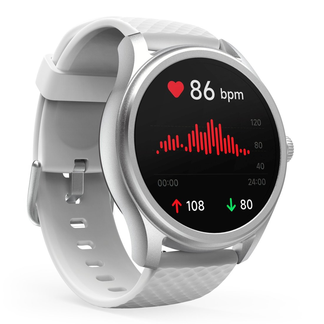 Smartwatch pokazujący tętno, wykres, czas i strzałki kierunkowe.