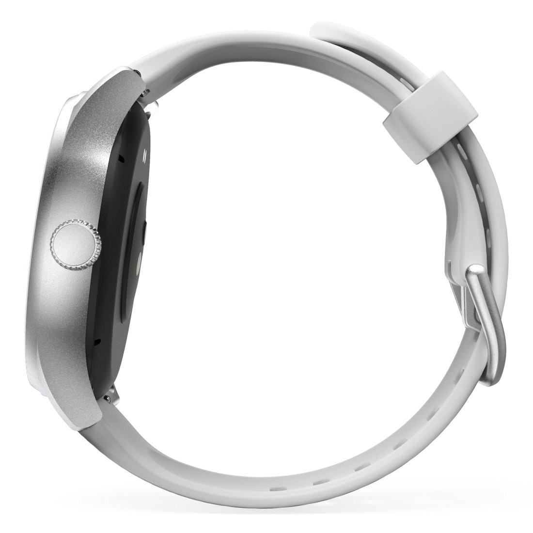 Widok z boku białego smartwatcha z białym paskiem i srebrną kopertą.