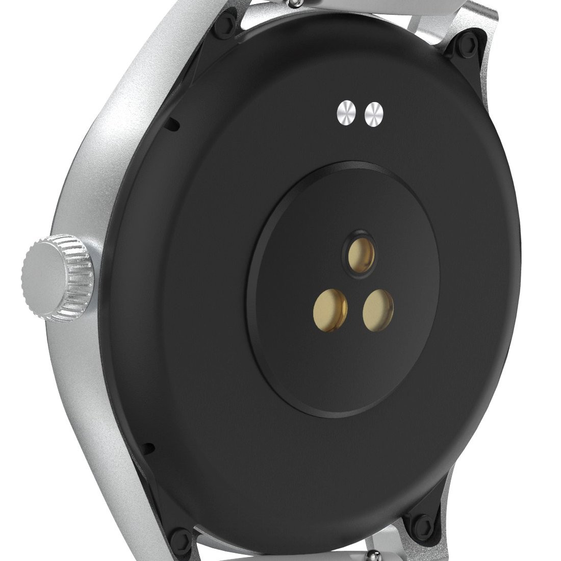 Tył srebrnego smartwatcha, czarny obszar czujnika i srebrny pasek.