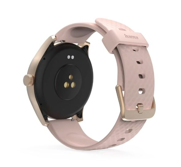 Zbliżenie różowego smartwatcha.