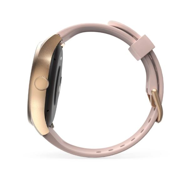 Różowy smartwatch ze złotą obudową i różowym paskiem, widok z boku.