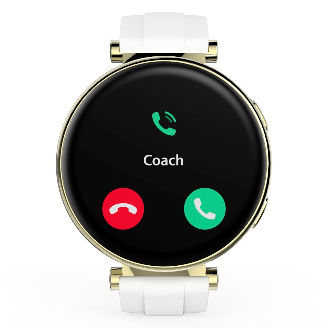 Smartwatch wyświetlający ekran połączenia. Ekran pokazuje ikonę telefonu i nazwę „Coach”.
