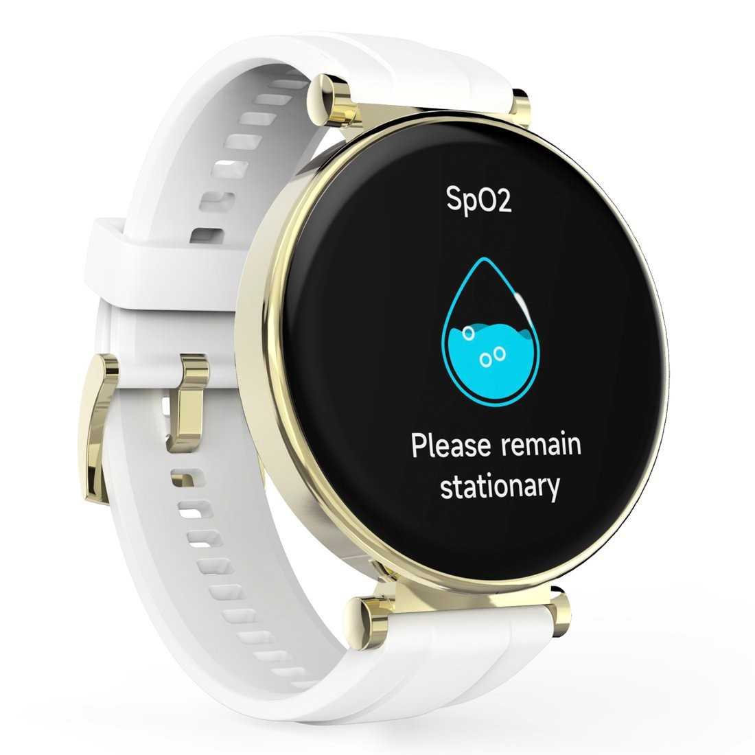 Smartwatch z białym paskiem i złotymi akcentami. Ekran wyświetla SpO2 z grafiką kropli wody.