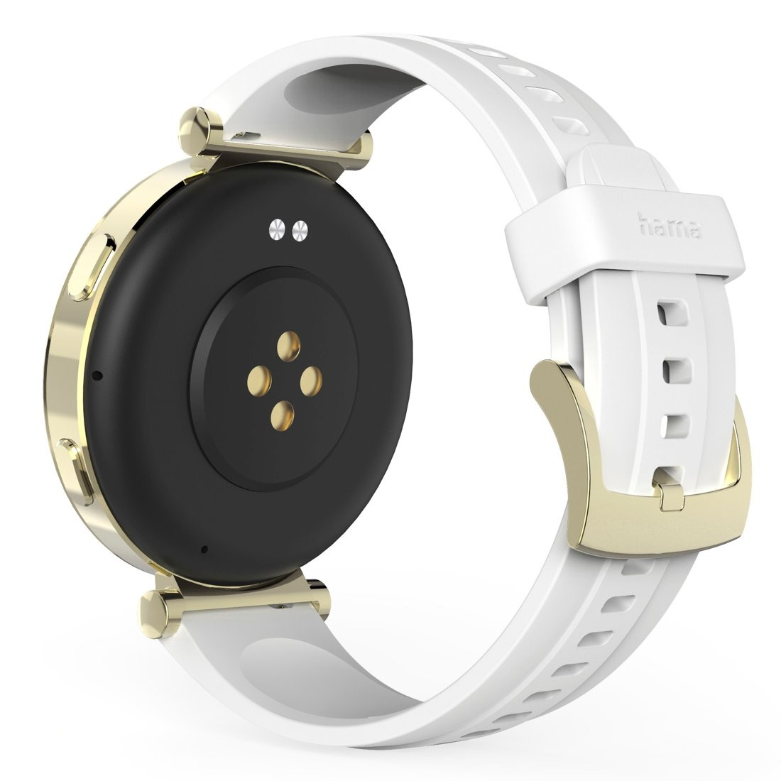 Złoty i czarny smartwatch z białym paskiem.