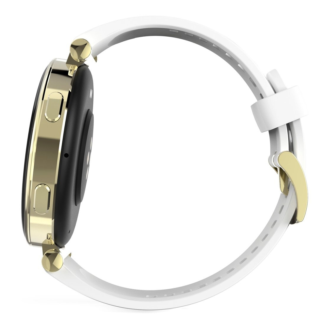 Złoty smartwatch z białym paskiem. Widok z boku z otwartym paskiem.