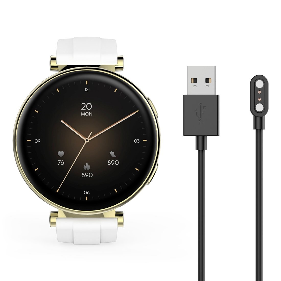 Złoty i biały smartwatch z czarnym ekranem, ładowarką USB i stacją ładującą.