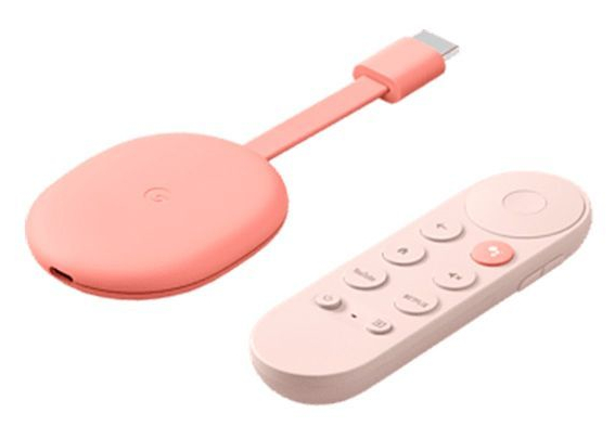 Różowy Google Chromecast i pilot. Pilot posiada przyciski do YouTube, Netflix i innych.