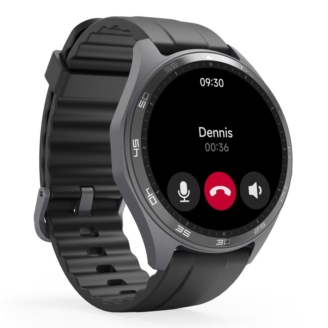 Czarny smartwatch z trwającym połączeniem, pokazujący imię i czas trwania rozmowy.