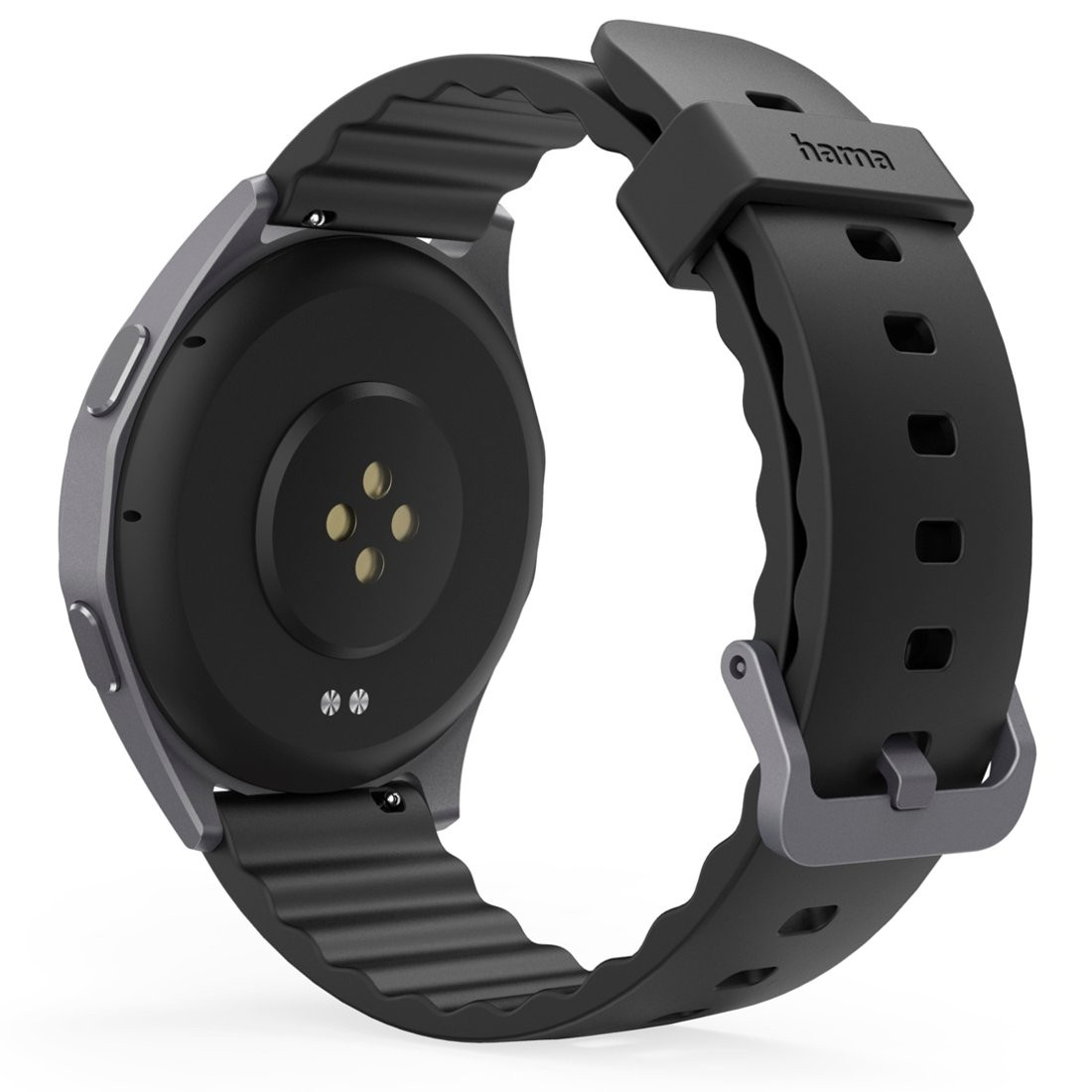 Czarny smartwatch z szarą ramką i paskiem.