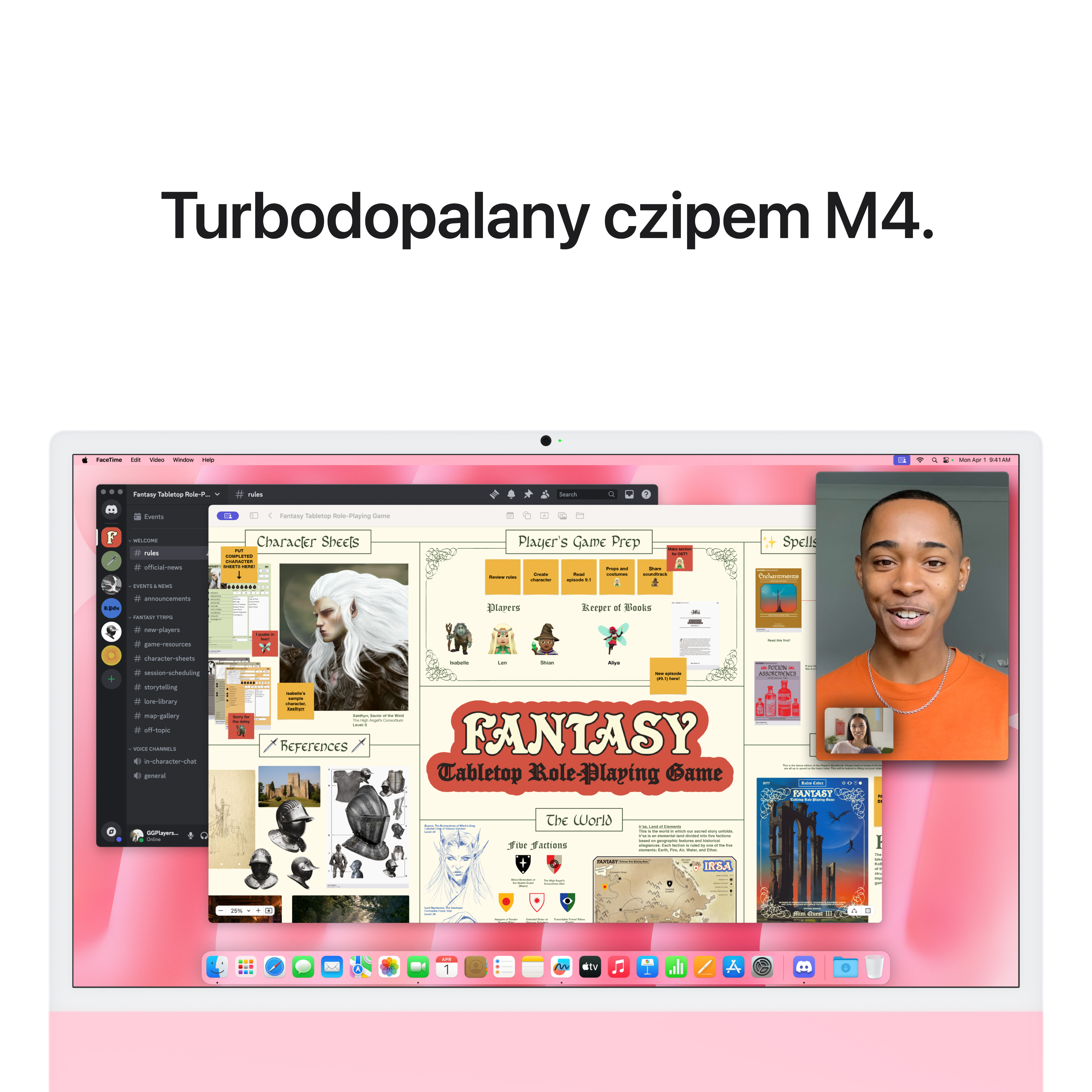 Ekran laptopa wyświetlający rozmowę wideo. Dwie osoby na ekranie, z interfejsem gry w tle.