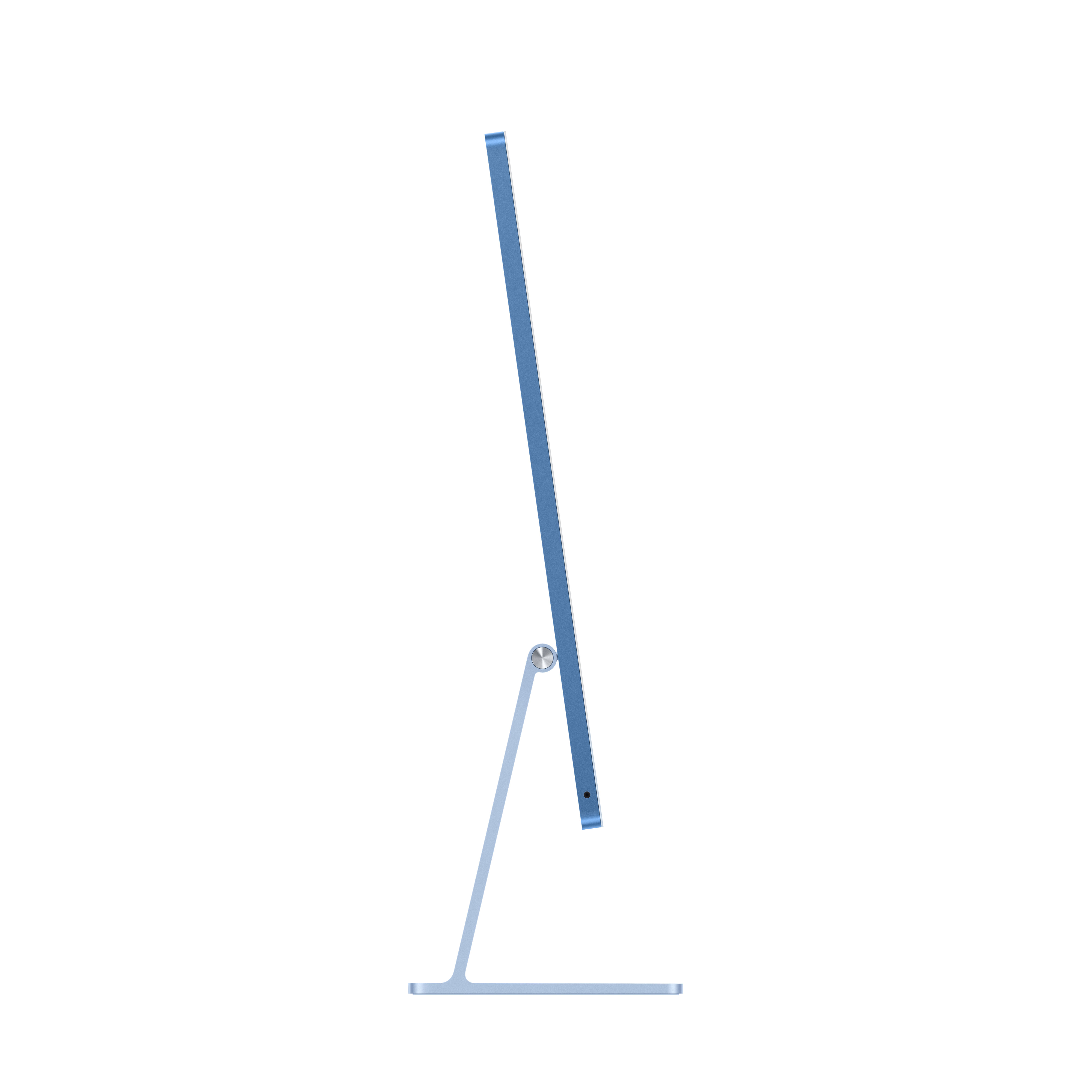 Widok z boku niebieskiego iMaca ze srebrną podstawą na białym tle.