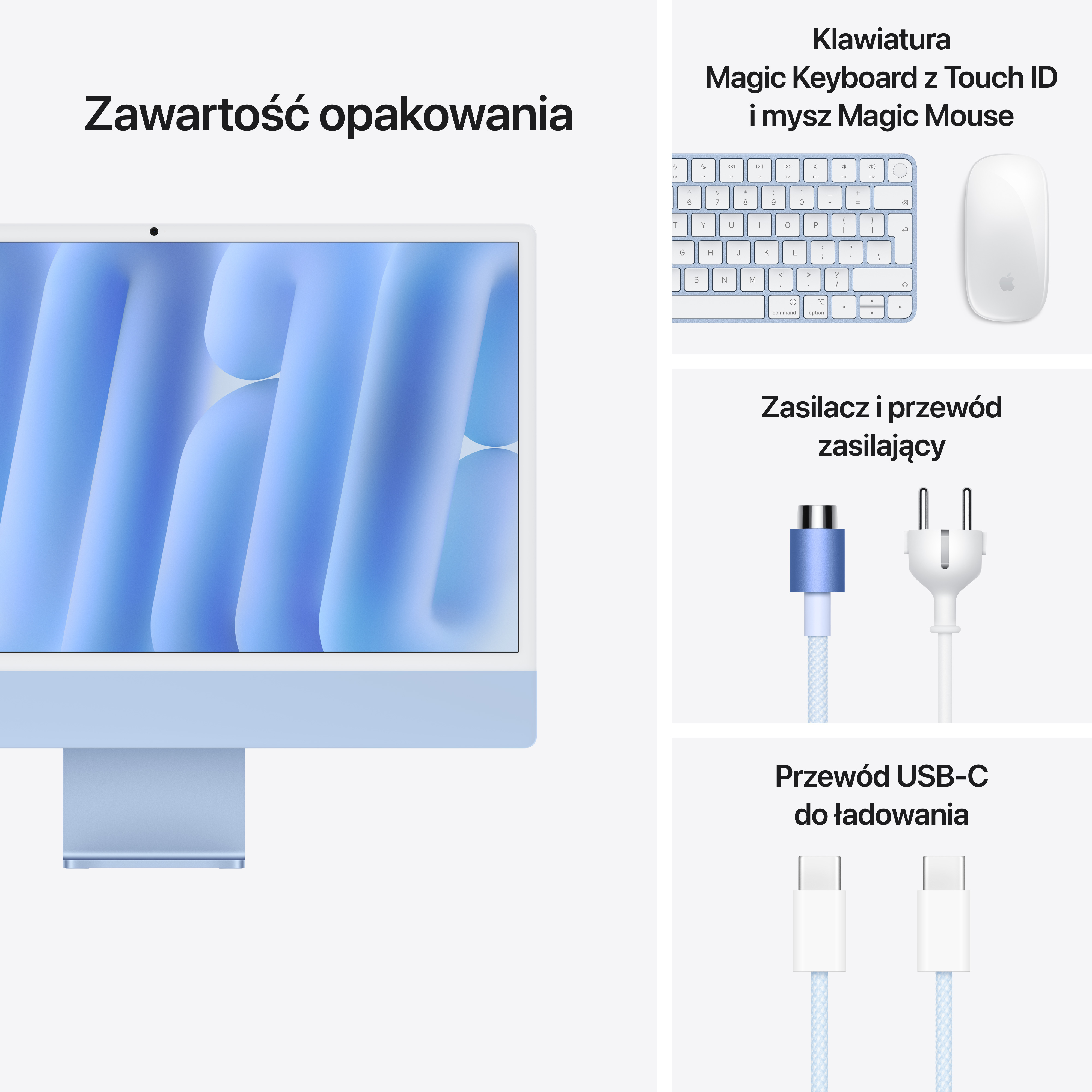 Zawartość pudełka: iMac z niebieskim przodem, Magic Keyboard, Magic Mouse, kable zasilające i USB-C.