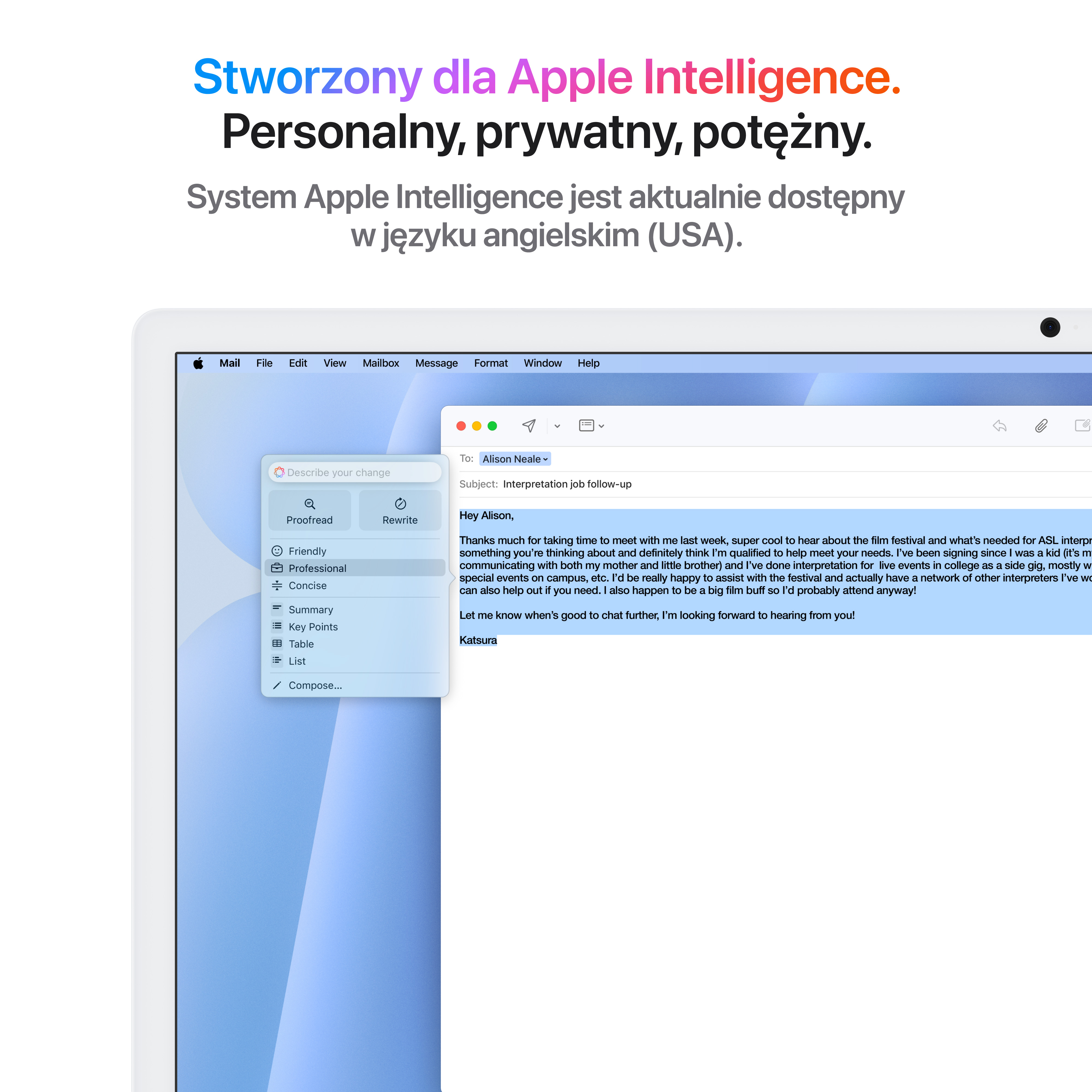 Ekran laptopa pokazujący interfejs oprogramowania Apple z tekstem.