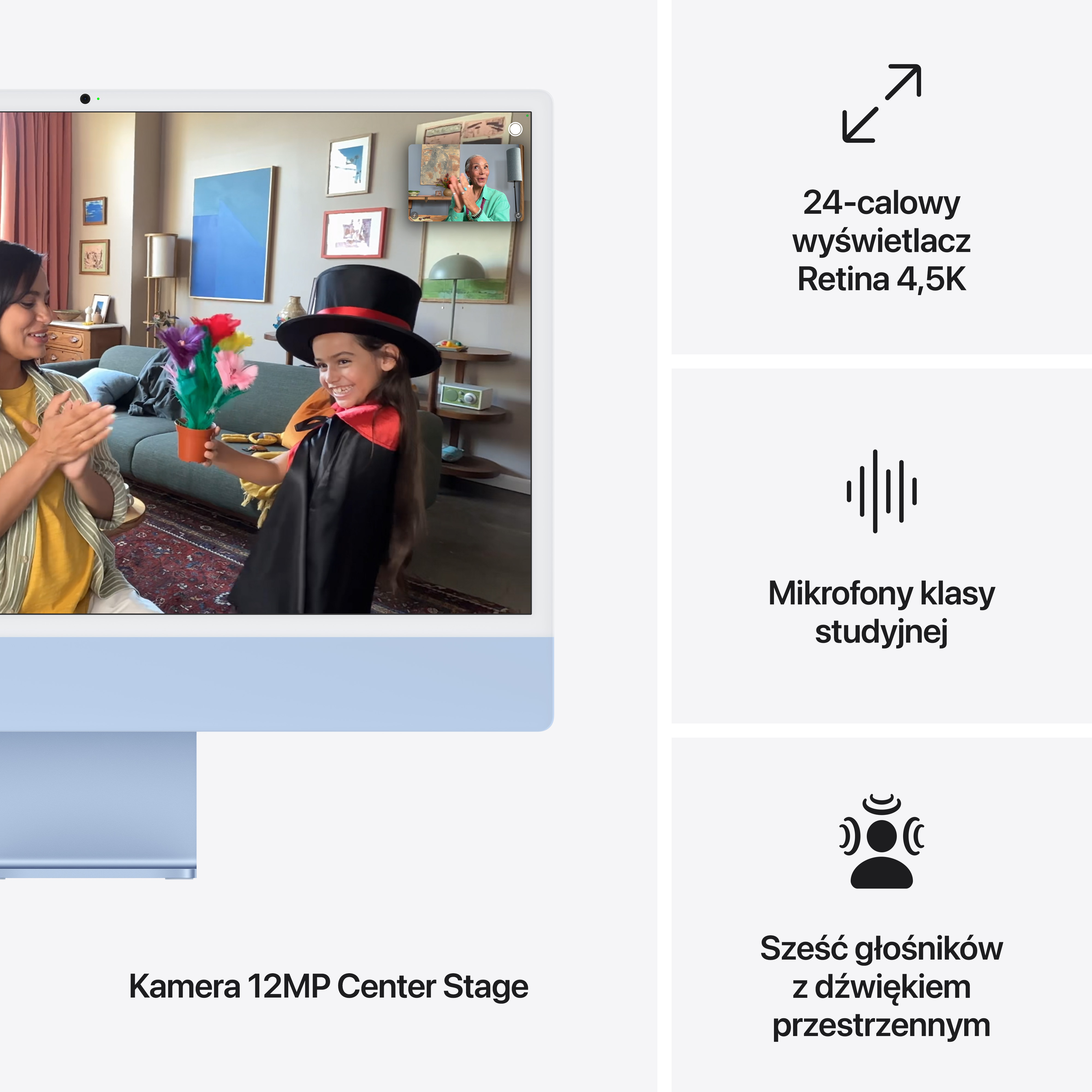 Niebieski iMac wyświetlający interfejs. Obok kobieta i dziewczynka klaszczą.