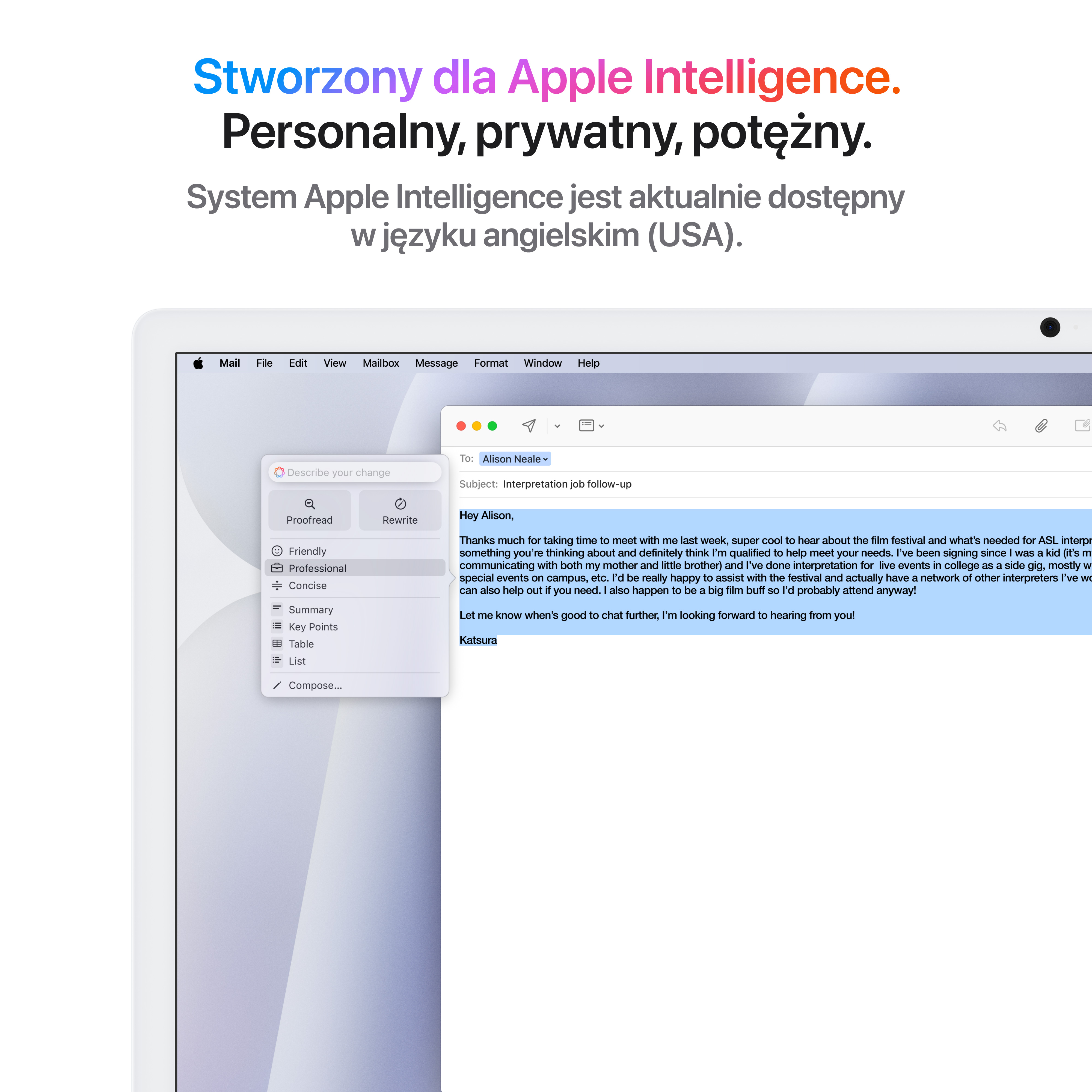 Białe urządzenie Apple z e-mailem na ekranie. Tekst u góry: Apple Intelligence.