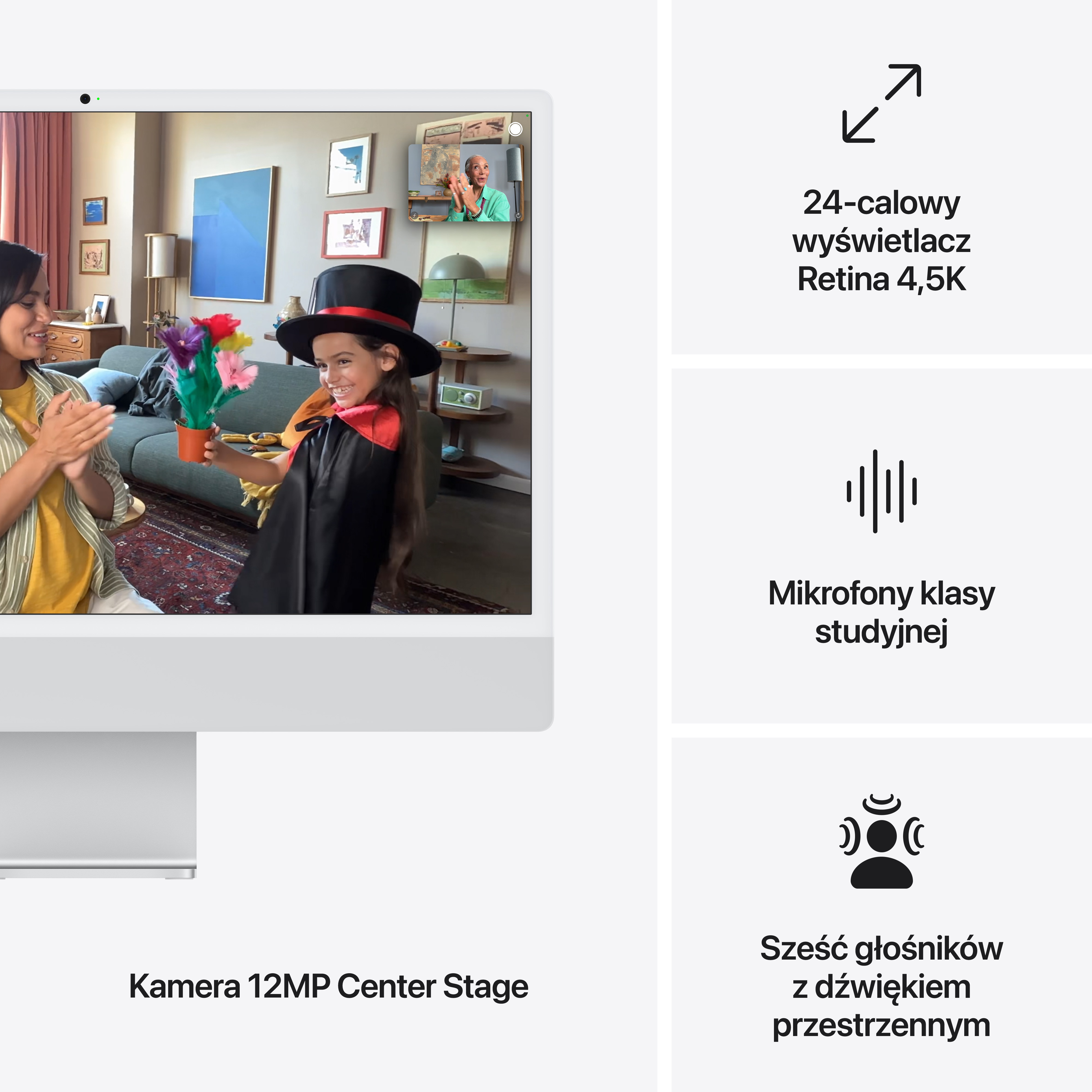 Komputer typu all-in-one pokazuje rozmowę wideo z rodziną, z tekstem po prawej stronie.