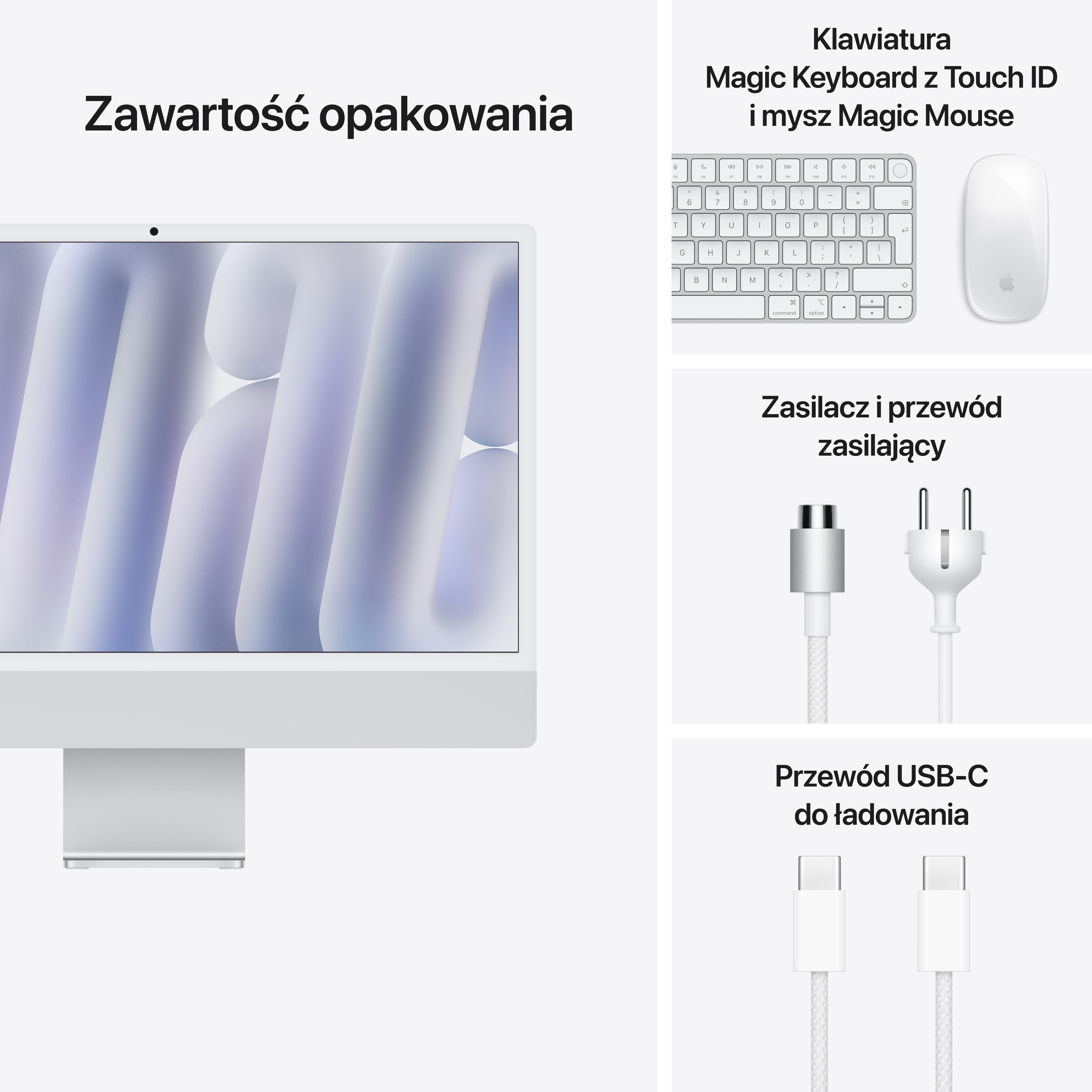 Biały iMac pokazujący swoje komponenty. Zawiera klawiaturę, mysz, kabel zasilający i ładujący.