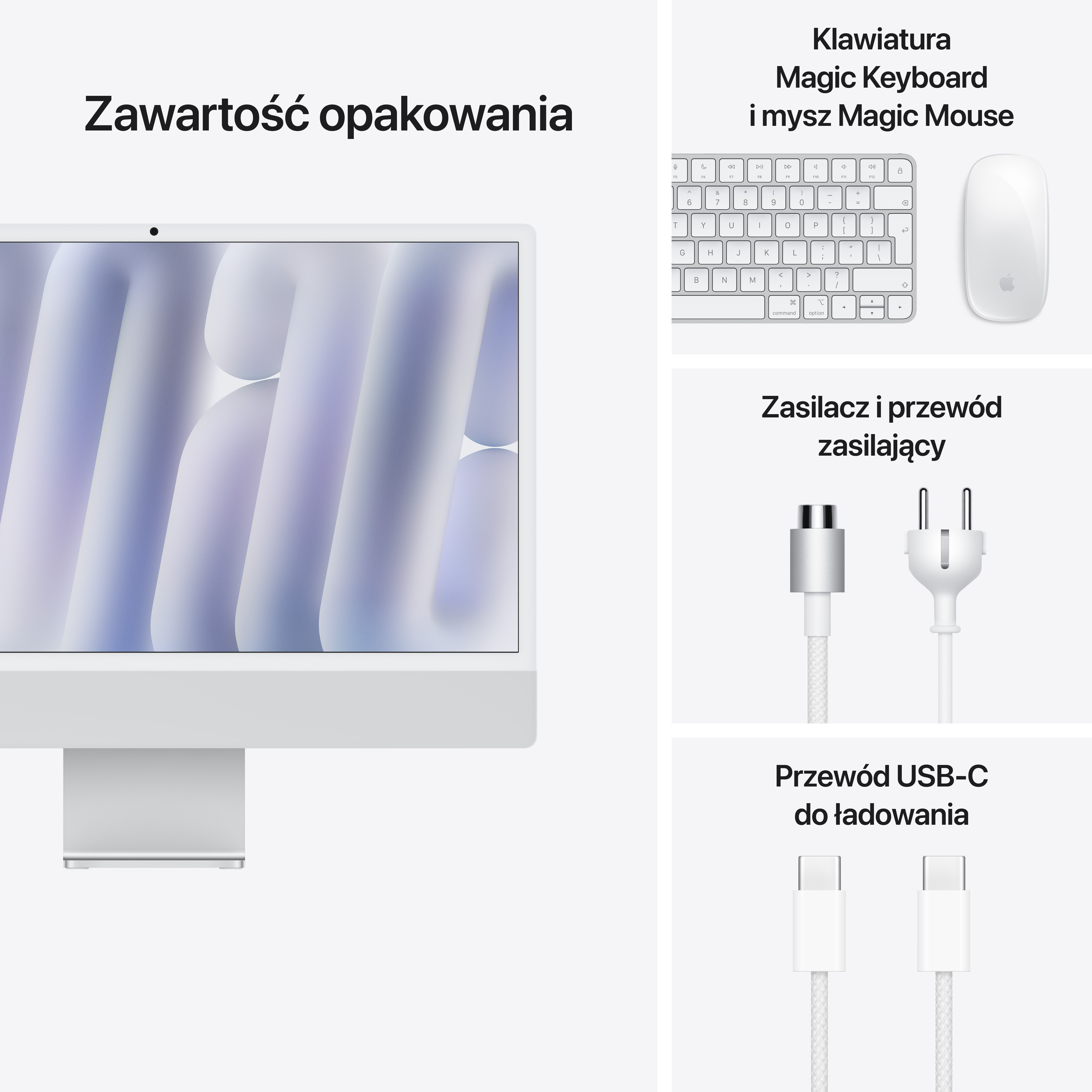 iMac z klawiaturą, myszą i kablami do ładowania. iMac jest biały. Akcesoria również są białe.