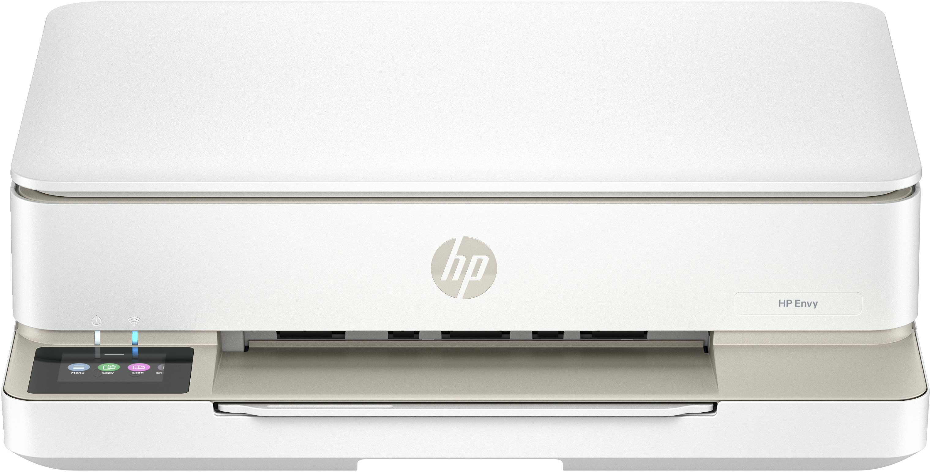 Weißer und beiger HP Envy Drucker. Verfügt über einen kleinen Bildschirm und Knöpfe links.