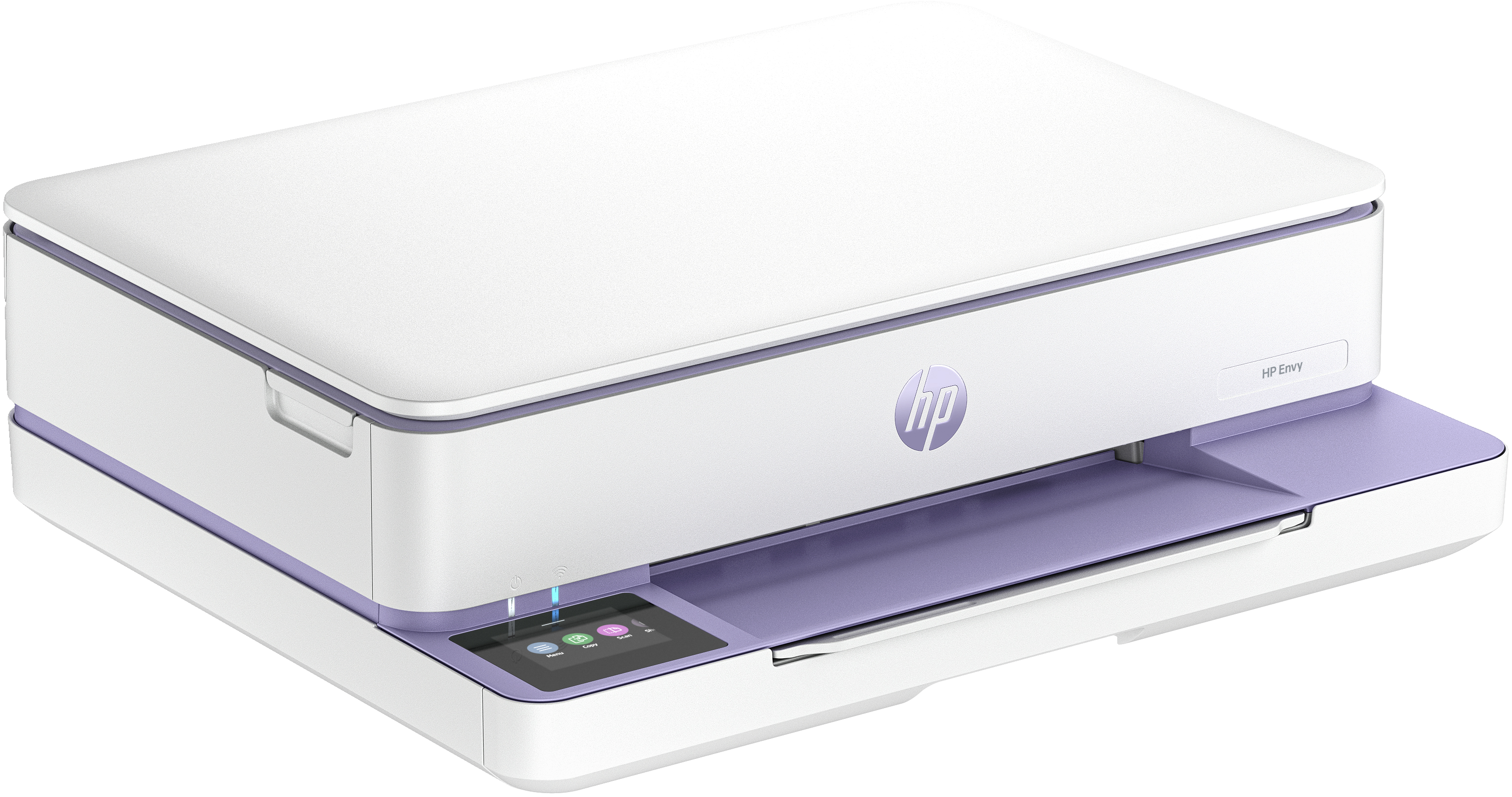 Ein HP Envy Drucker. Weißes Oberteil mit lila Basis. Der Touchscreen ist sichtbar.
