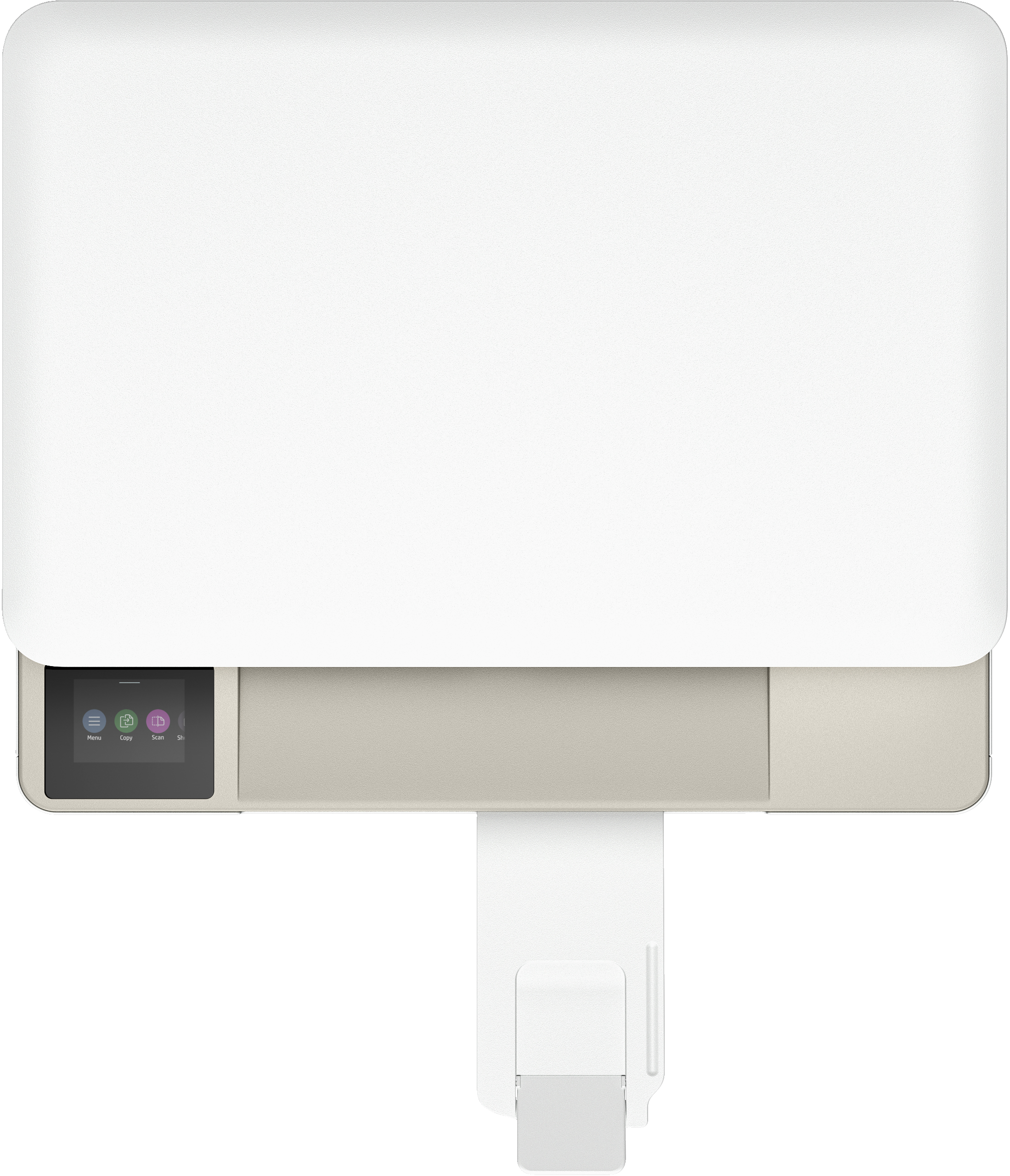 Top view of a white printer with a color screen. It has a paper output tray extended.