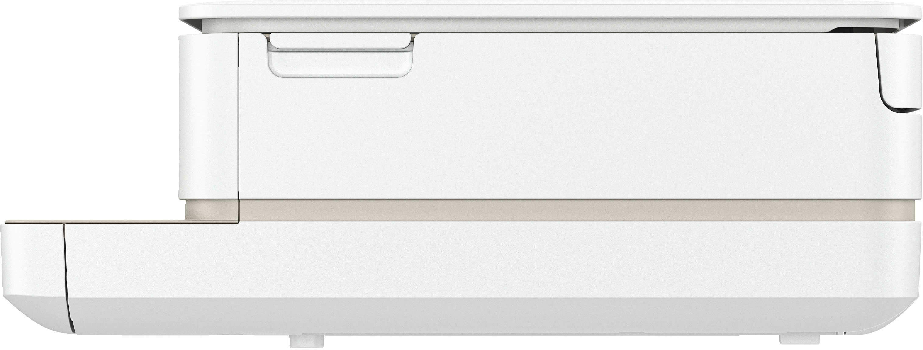 A white robot vacuum cleaner with a beige accent is viewed from a side profile.