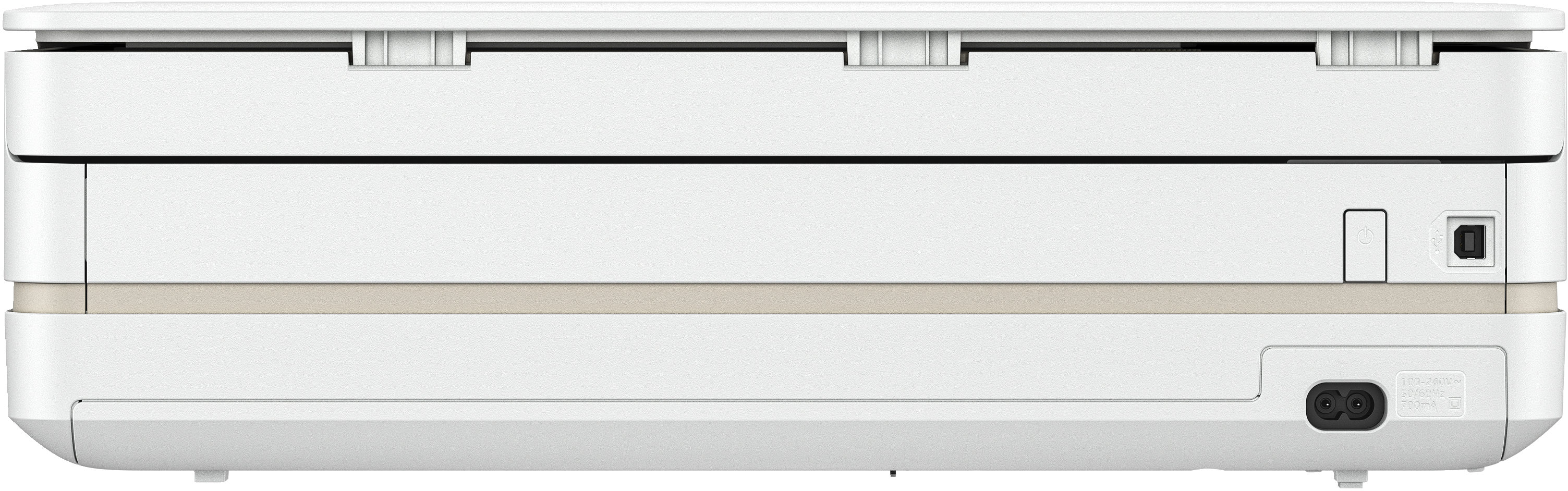 White printer's back, with a beige bottom part. Power and data ports are visible.