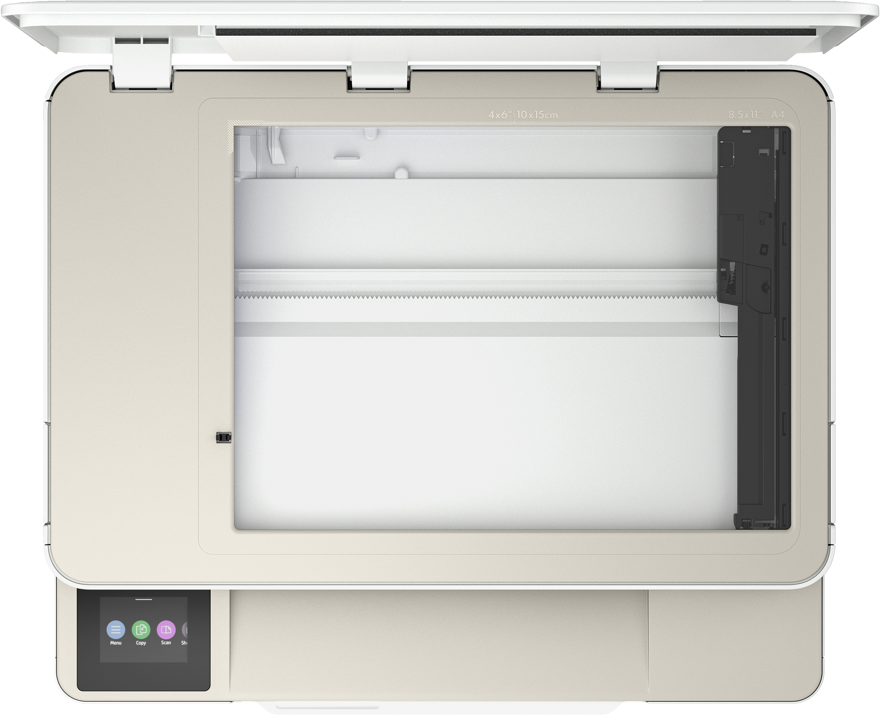 Beige open scanner with control panel and clear glass plate.