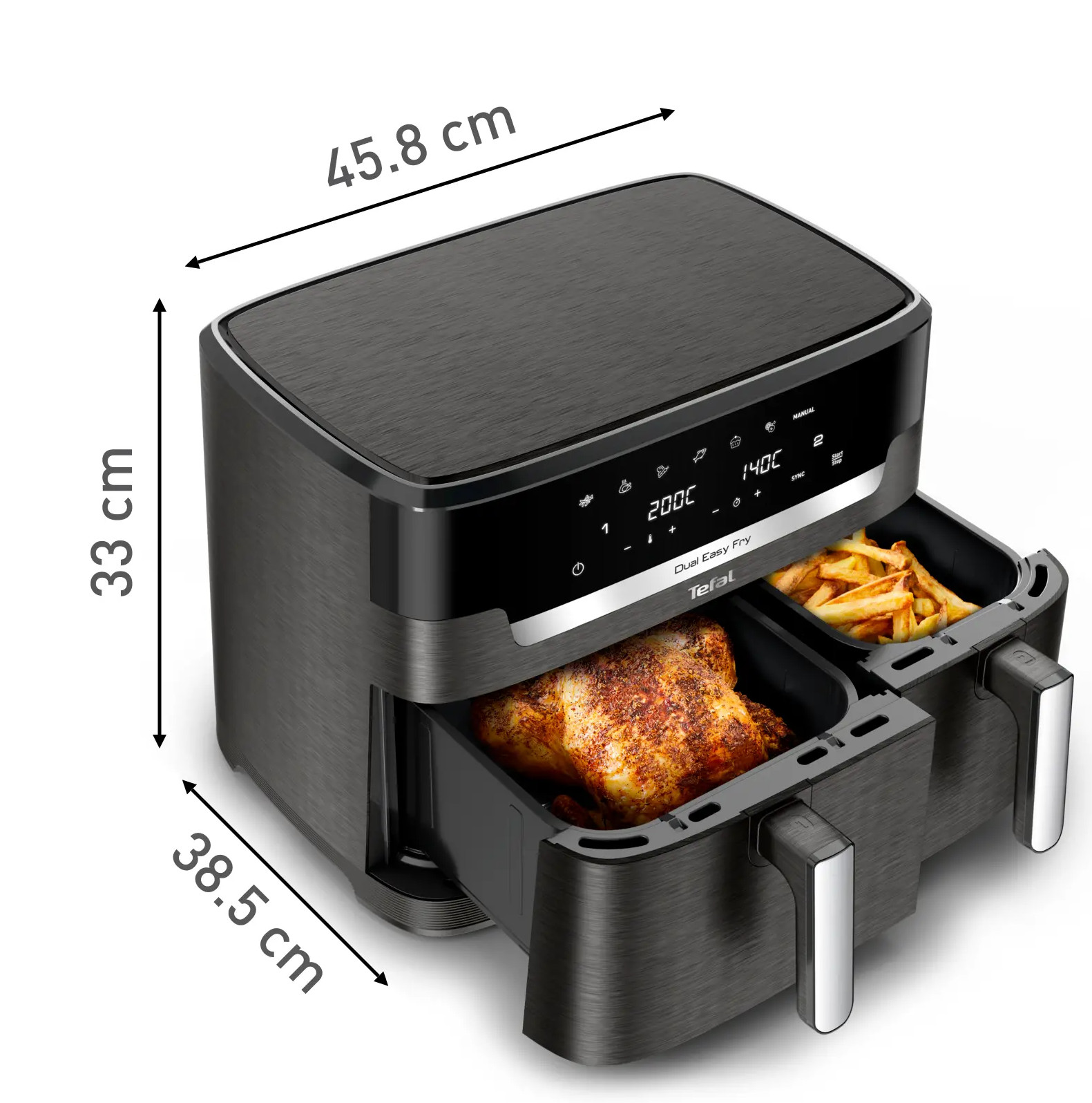 Frytkownica powietrzna z dwiema szufladami. Jedna z kurczakiem z rożna, druga z frytkami. Widoczne wymiary.