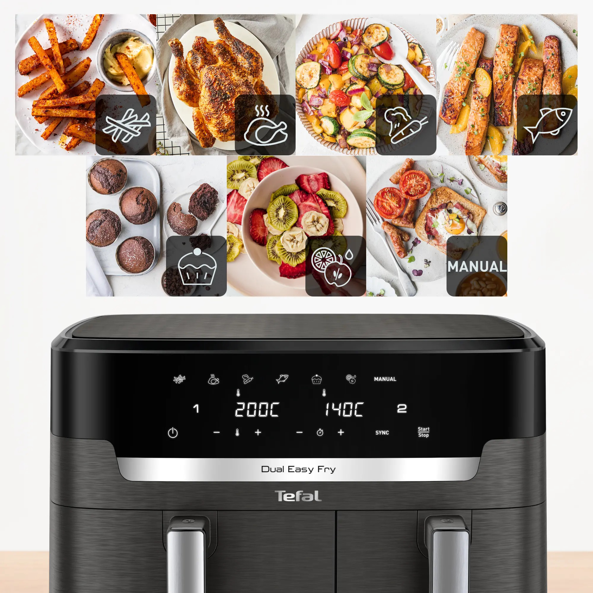 Frytownica beztłuszczowa z ikonami potraw. Wyświetlacz z ustawieniami temperatury i timera.