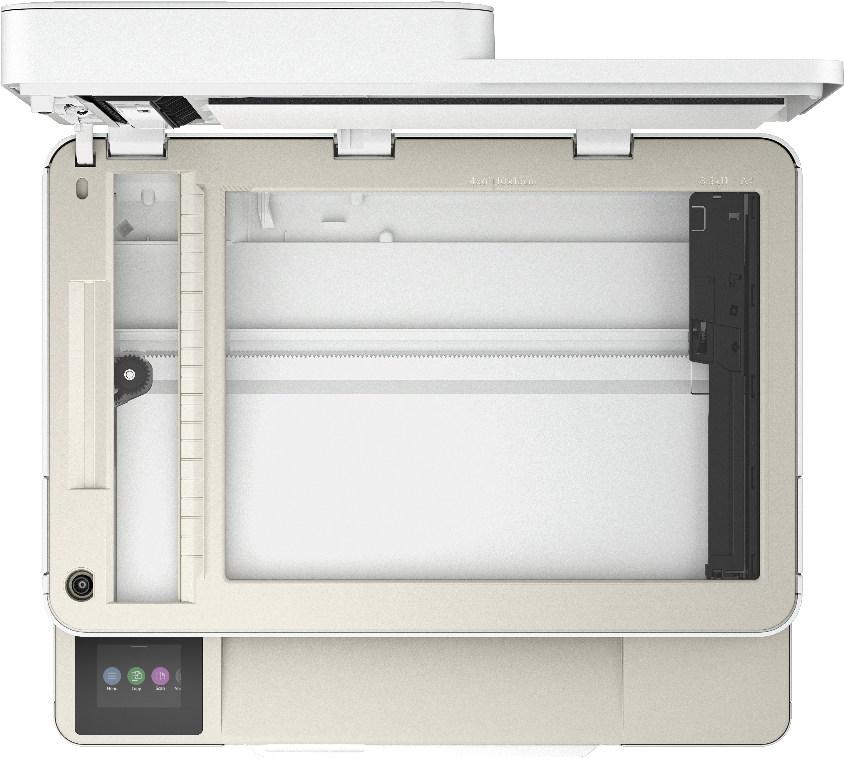 An open printer reveals the scanner bed and control panel. The top is open.