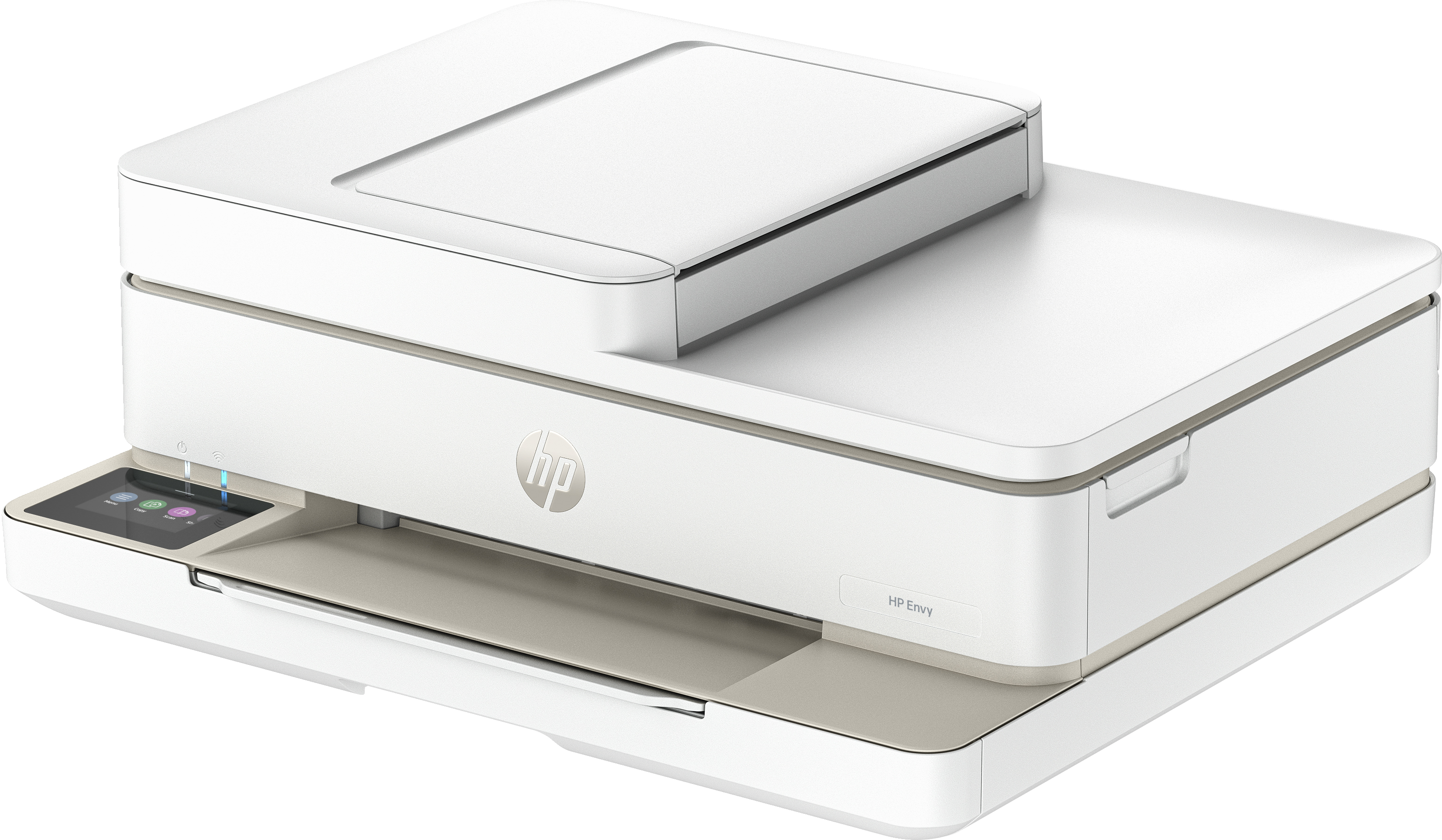A white HP Envy printer with a flatbed scanner and a control panel.