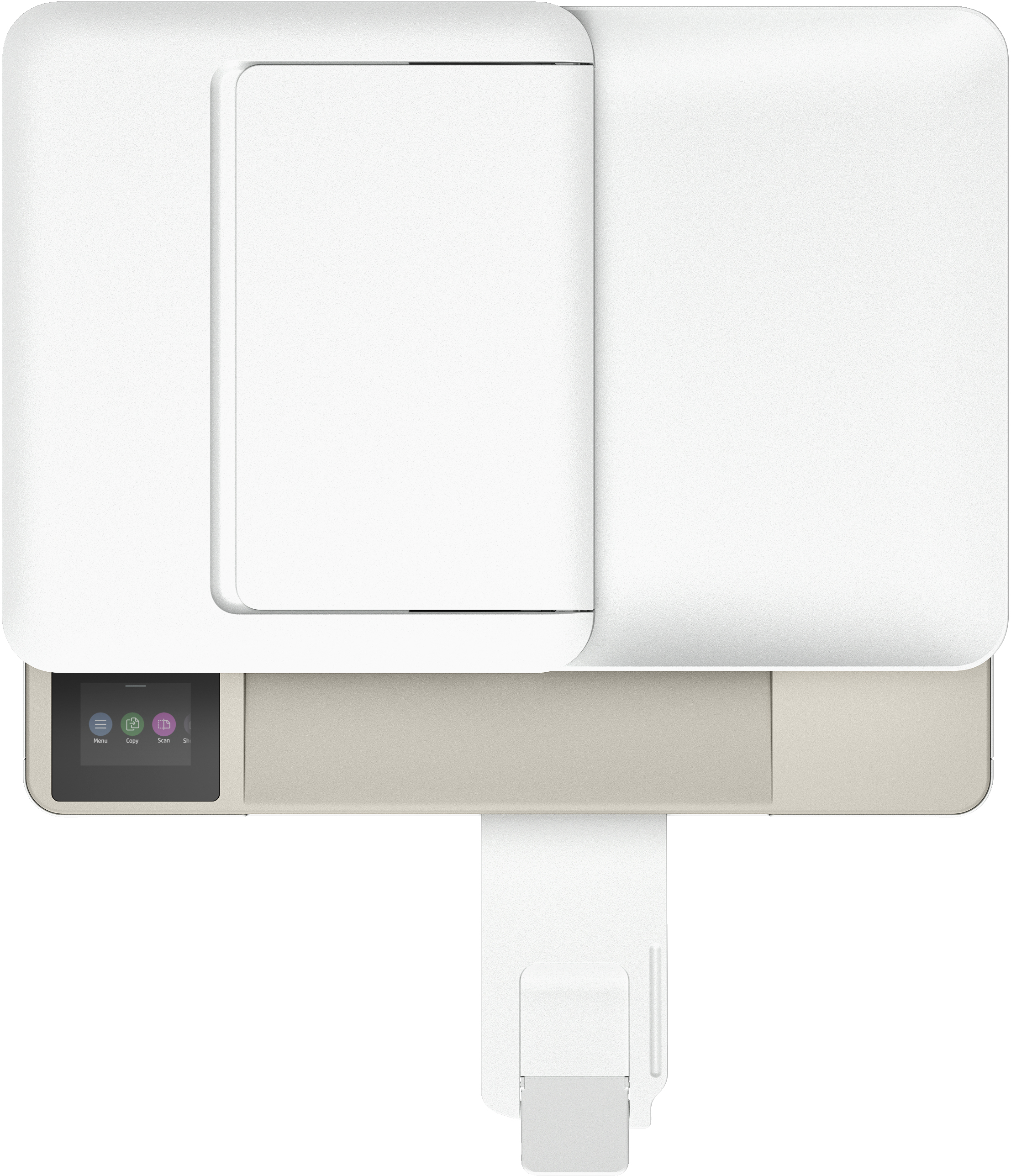 Top-down view of a printer with a screen and paper output tray. White background.