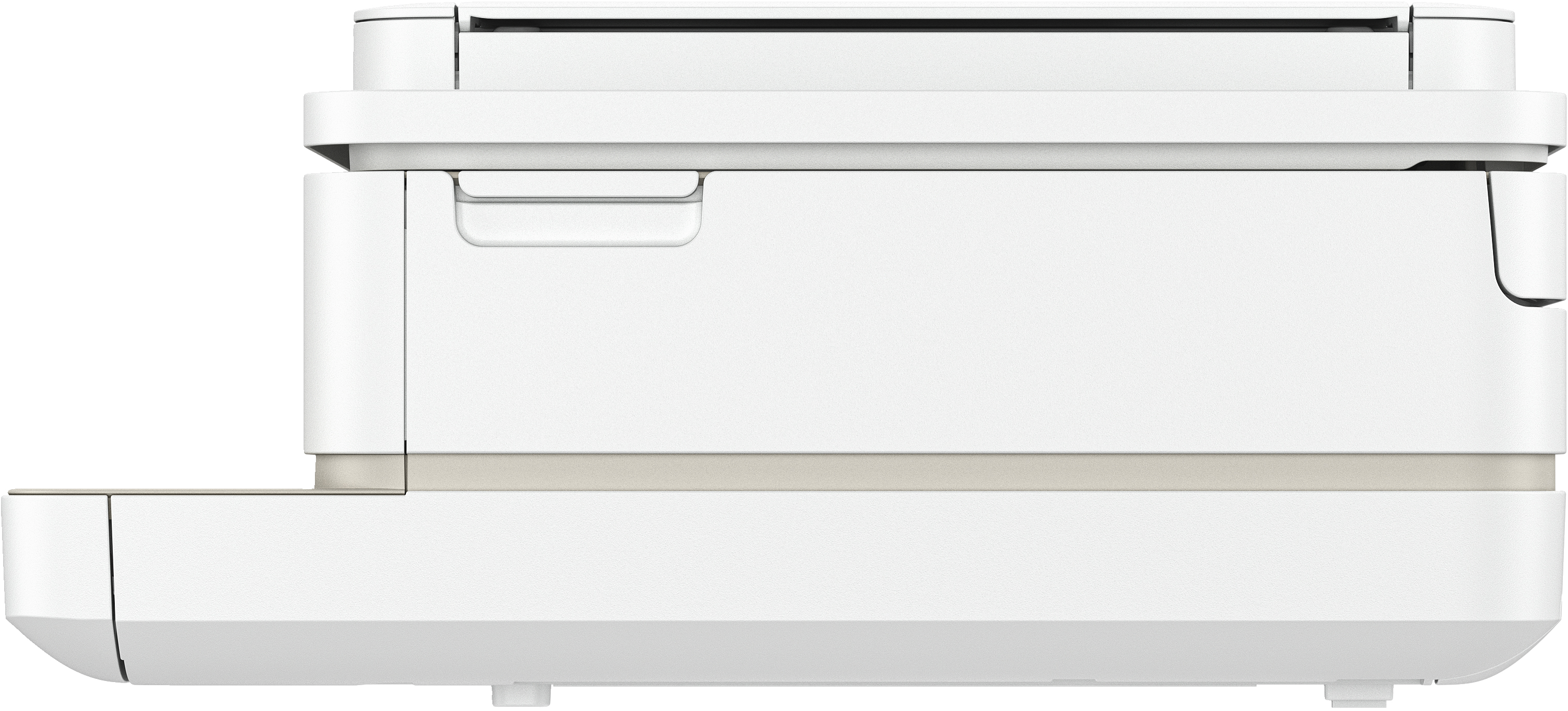 A white printer, side view, with a handle and a beige base.