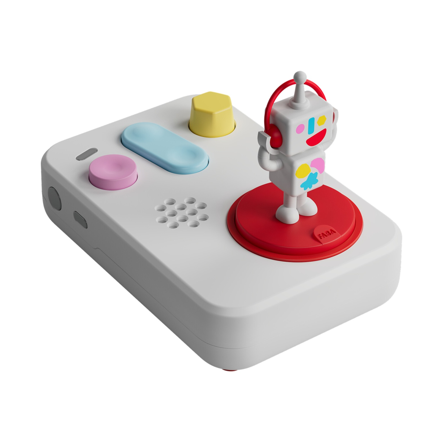 Un robot giocattolo bianco con base rossa, in piedi su un dispositivo bianco con pulsanti colorati.