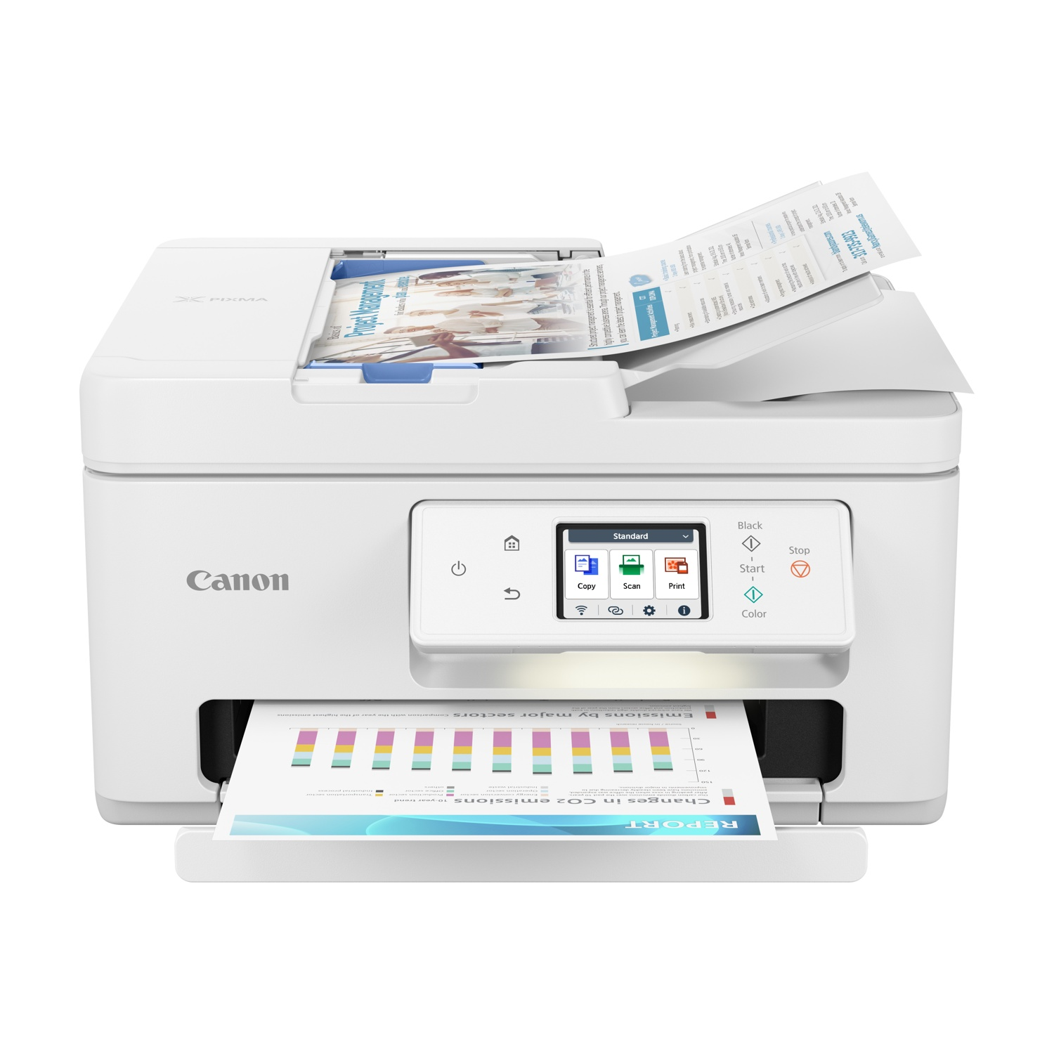 Stampante Canon bianca che stampa documenti, con display e pulsanti.