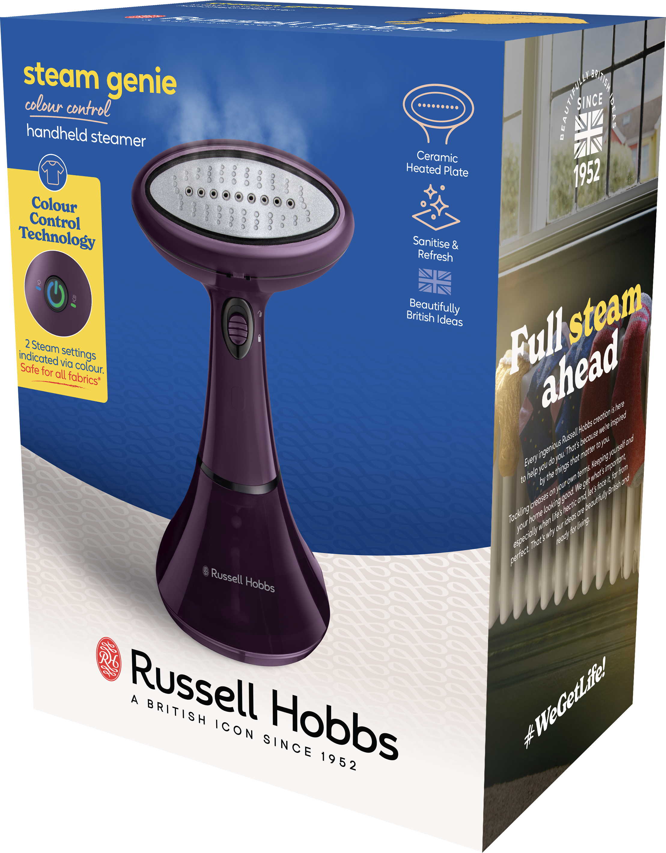 Lila Handdampfer in einer Box, mit Text 'Steam Genie' und 'Russell Hobbs'.