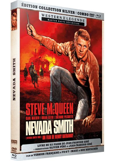 DVD-hoes: Steve McQueen in een westernscène. Brandend gebouw op de achtergrond, paarden en ruiters.