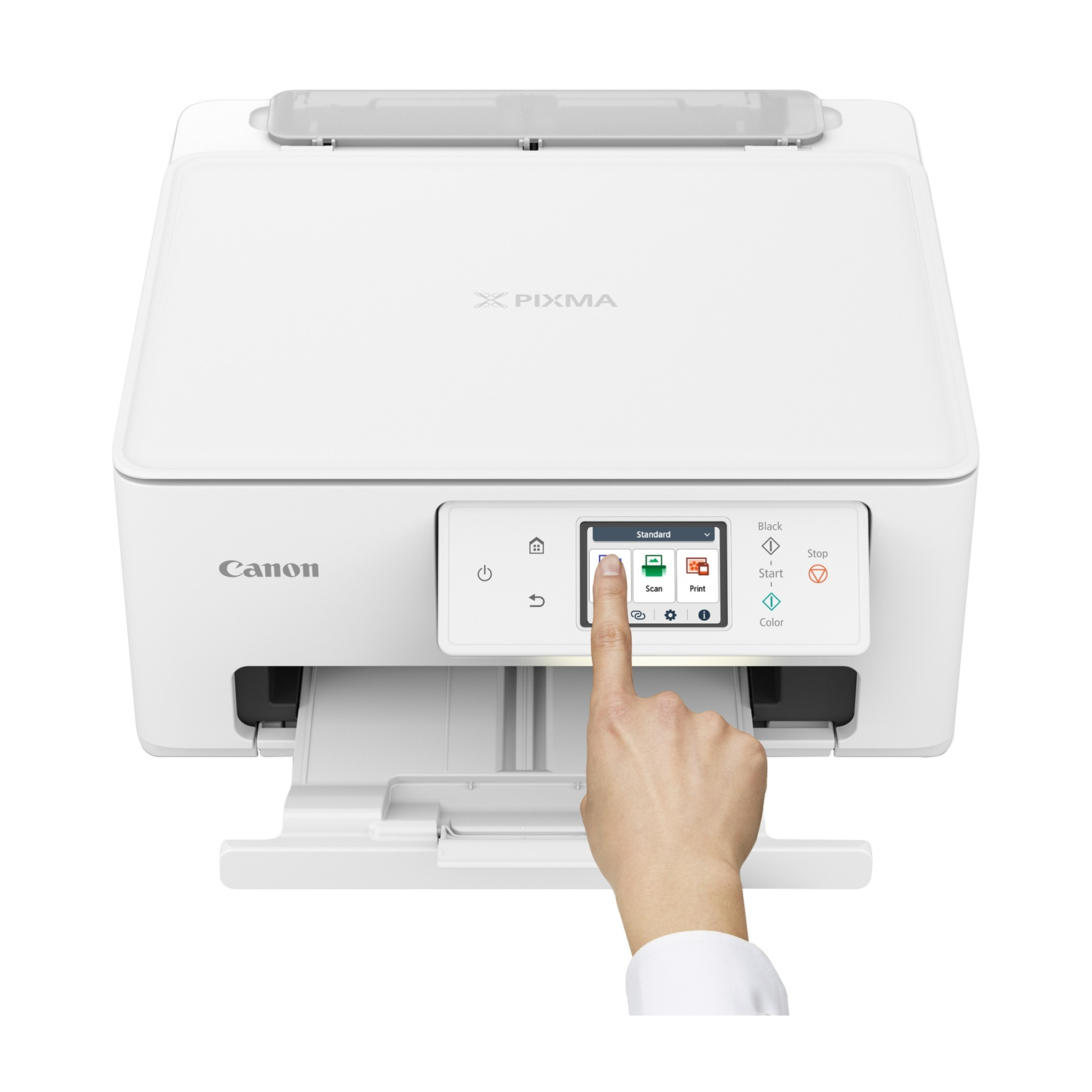 Stampante bianca con display touchscreen. Un dito tocca il pulsante di scansione sullo schermo.