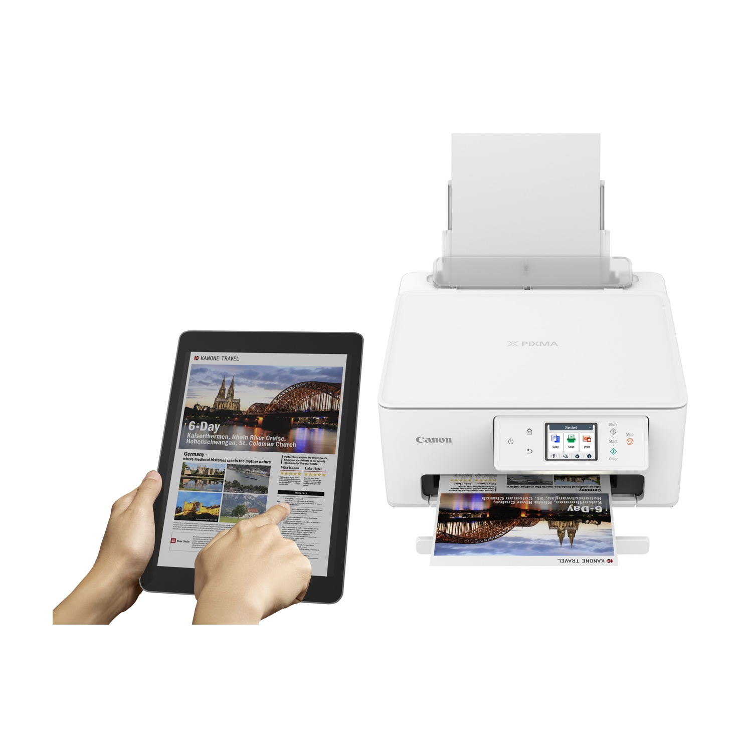 Stampante Canon Pixma che stampa una foto, con un tablet che mostra la stessa immagine.