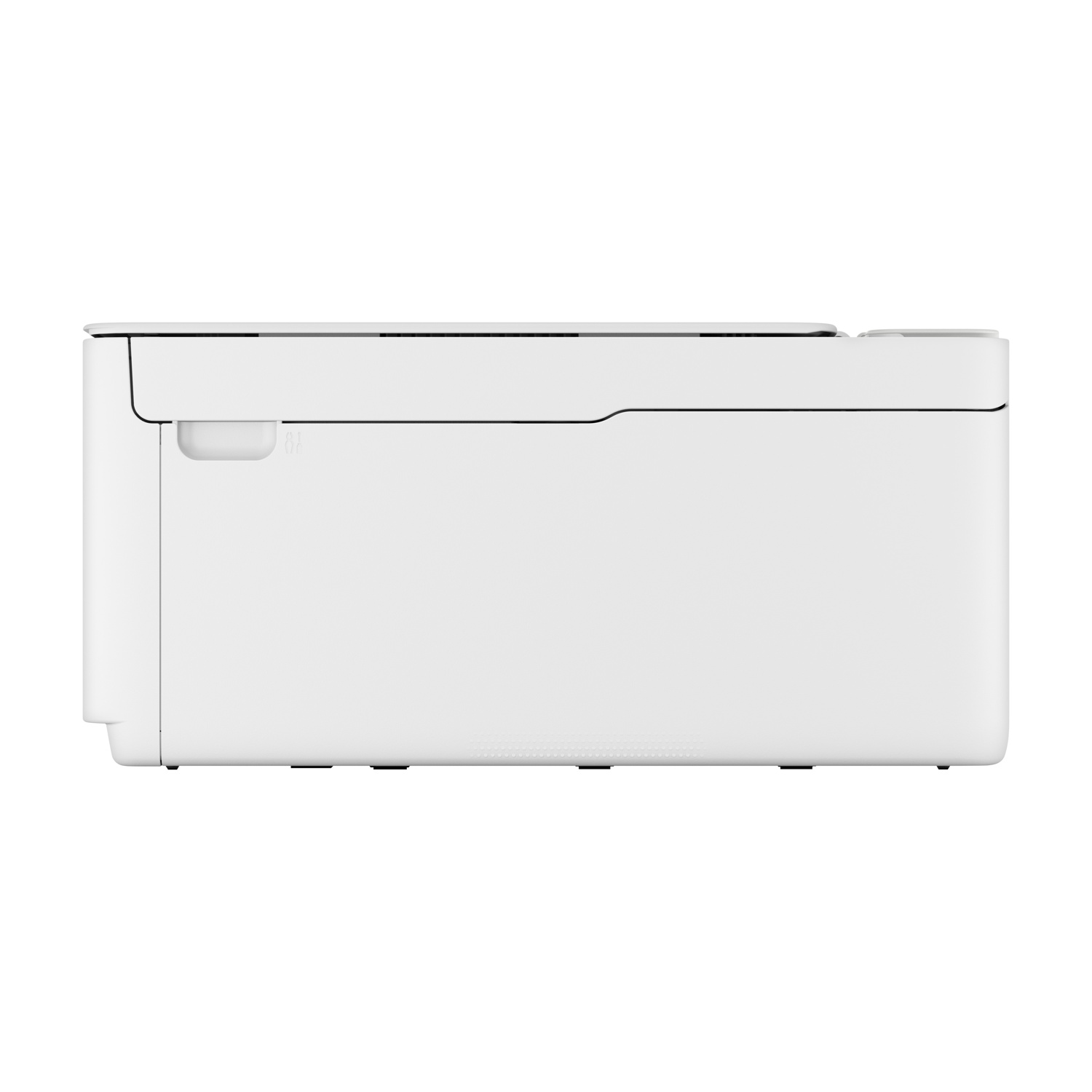 Una stampante bianca vista di lato. La stampante ha un design liscio e rettangolare.