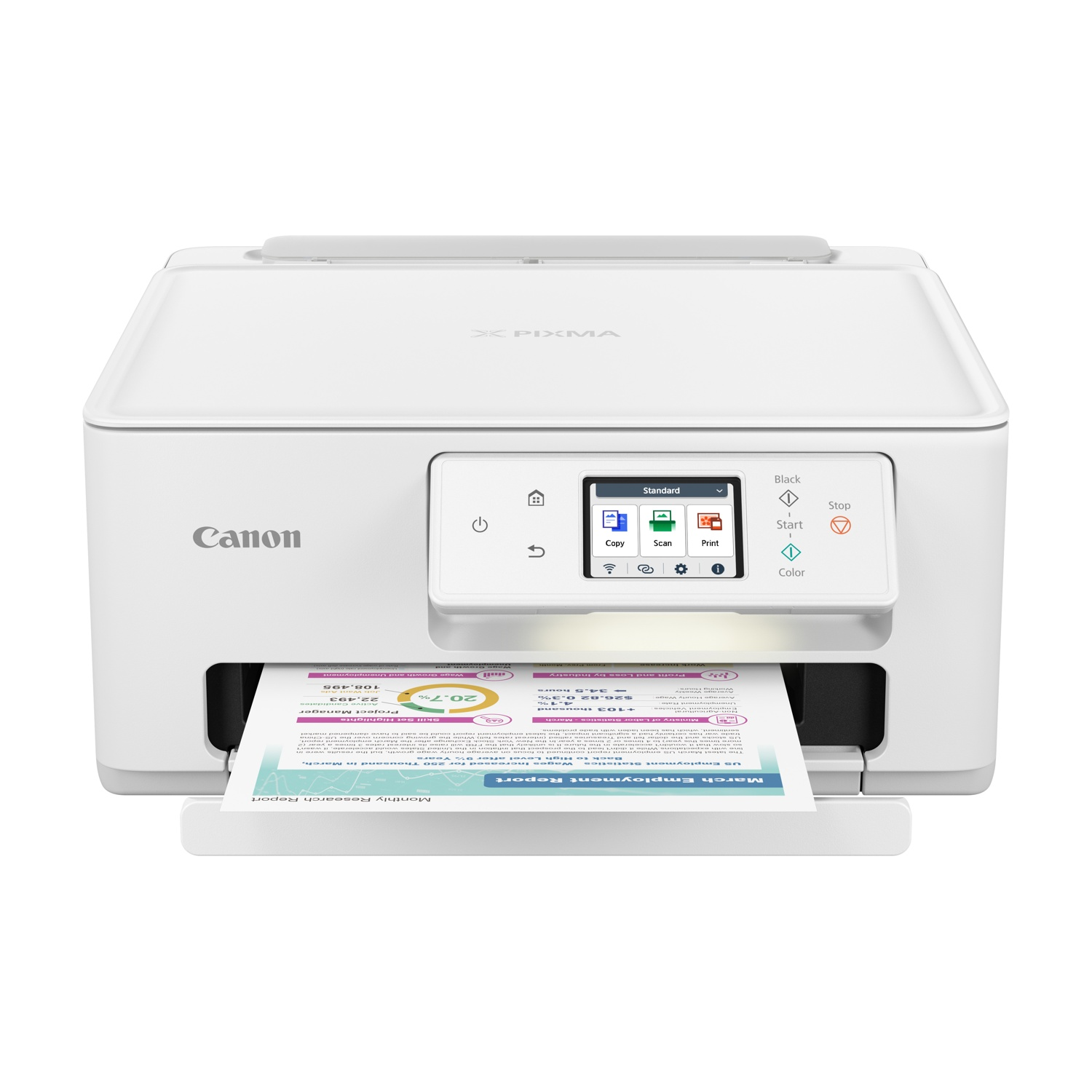 Stampante Canon bianca con un foglio di carta. La stampante ha uno schermo e pulsanti.