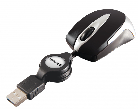 Czarna i srebrna mysz Verbatim ze złączem USB i chowanym kablem, na białym tle.