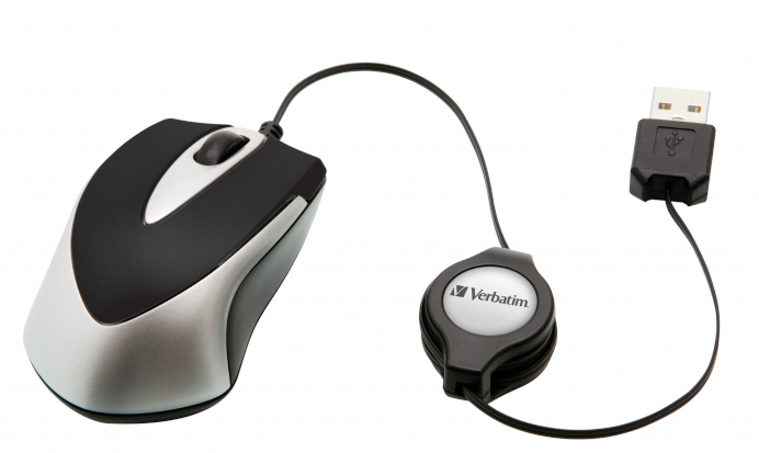 Mysz przewodowa z chowanym kablem. Mysz jest czarna i srebrna.